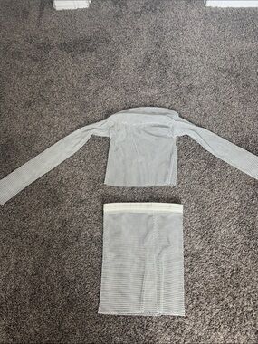 Two-Piece White Mesh Long Sleeve Top and Skirt Set